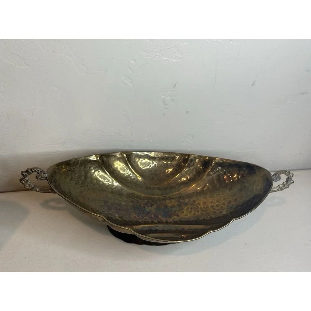Vintage Hammered Brass Console Fruit Bowl with Side Handles & Scalloped Sides